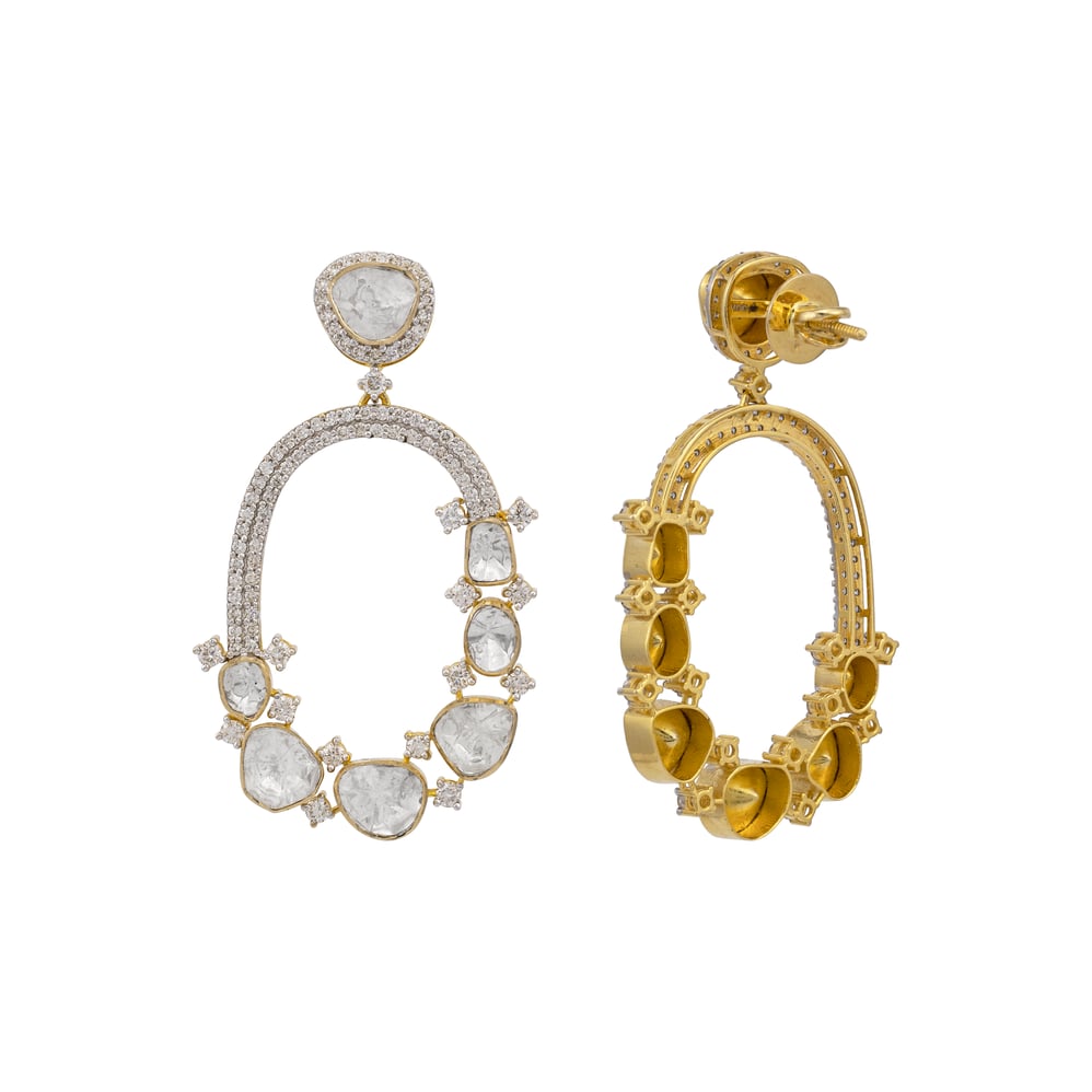 Uncut Polki Oval Halo Drop Earrings with Diamonds